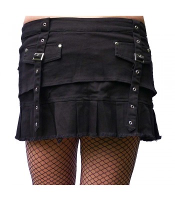 Women Gothic Black Mini Skirt With Eyelet Strap Pock Short